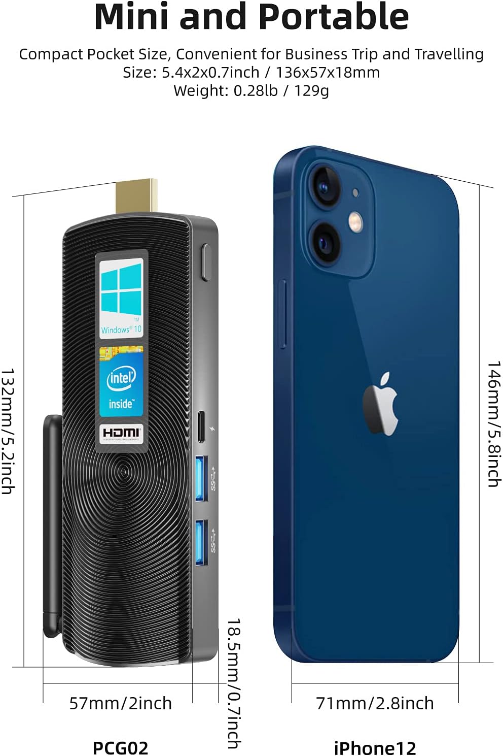 MeLE PCG02 Fanless Mini PC Stick Computer J4125 8GB 128GB Win10 Pro 4K HDMI Portable Businiess Compute Stick for Media Industry IoT Office, Support Win11 PXE Bluetooth WiFi Gigabit Ethernet Plex