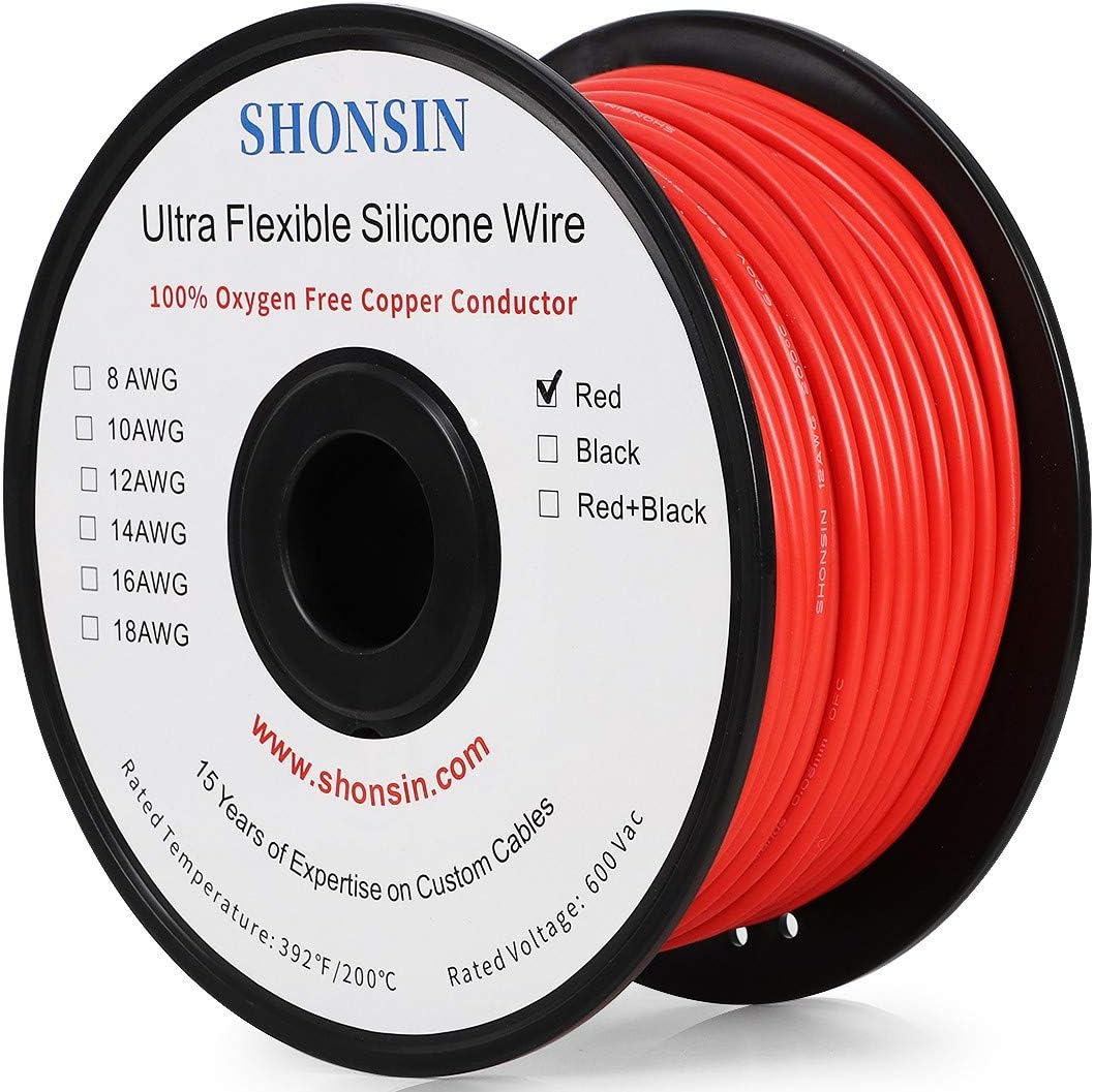 16 Gauge Wire, SHONSIN 16 AWG Silicone Wire 100% Copper (200ft / 61m Red) Ultra Flexible High Temp 392℉/200℃ 16AWG Wire 252 Strands 0.08mm (1.27mm2) Rating 20 Amp Automotive Wire 600V Pack of 2