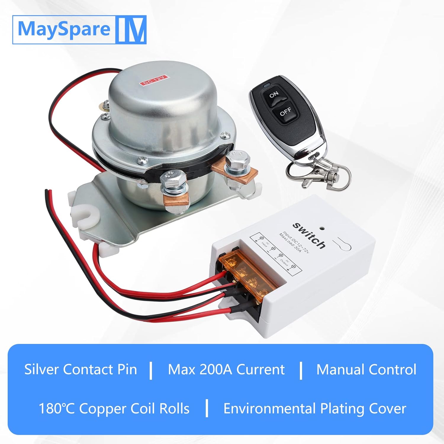 MaySpare Car Wireless Remote Control Battery Disconnect Switch + One Remote Control Switch,12V Electromagnetic Solenoid Valve 180Amp Disconnect Latching Relay Anti-Theft for Van RV Small Truck Pack of 2