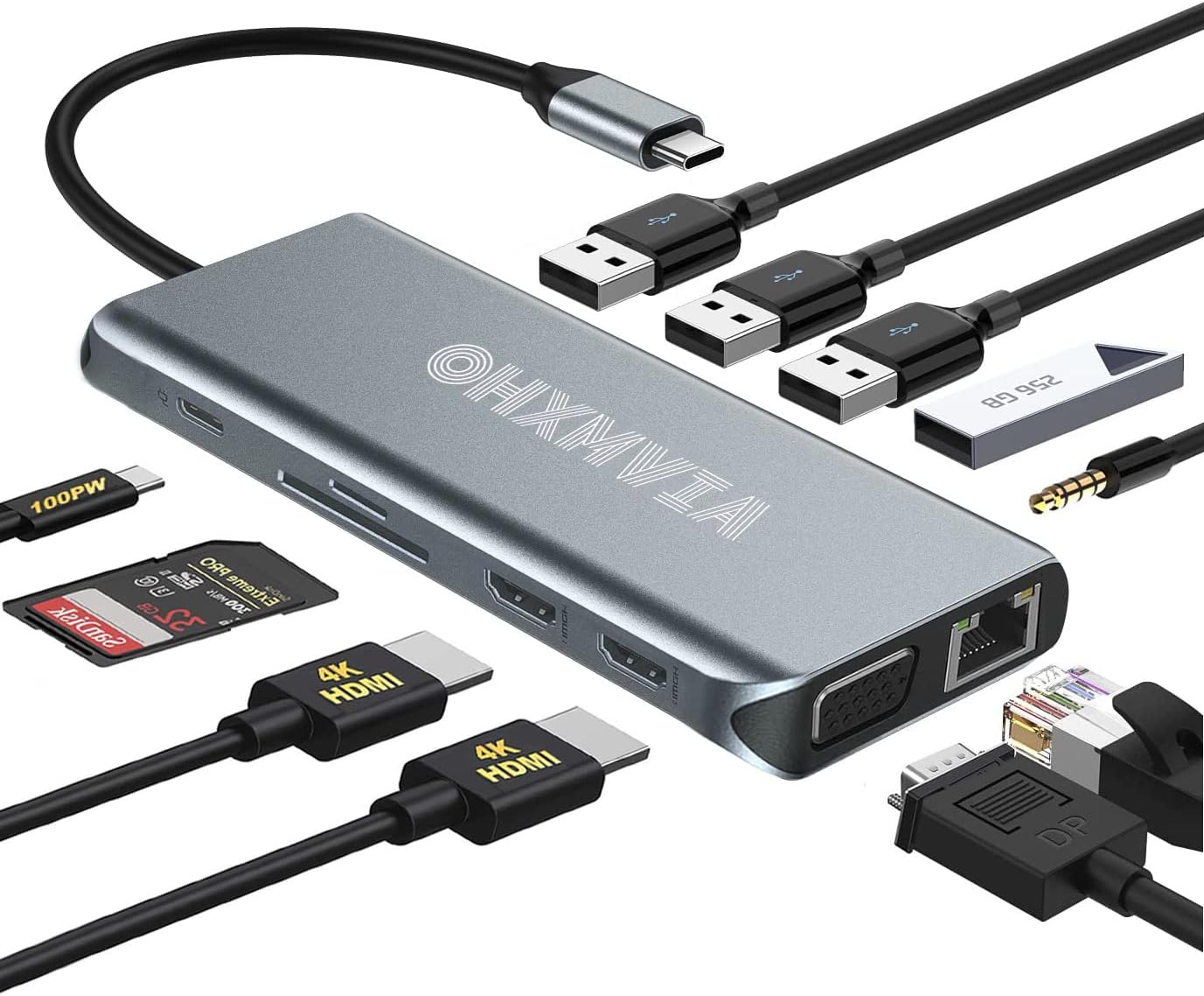 AIVMXHO USB C Laptop Docking Station, 12-in-1 USB C Hub with Dual 4K HDMI, VGA, Gigabit Ethernet, 2 USB 3.0, 2 USB 2.0, 100W PD, SD/TF Card Reader, AUX, for Type-C Laptops Pack of 2