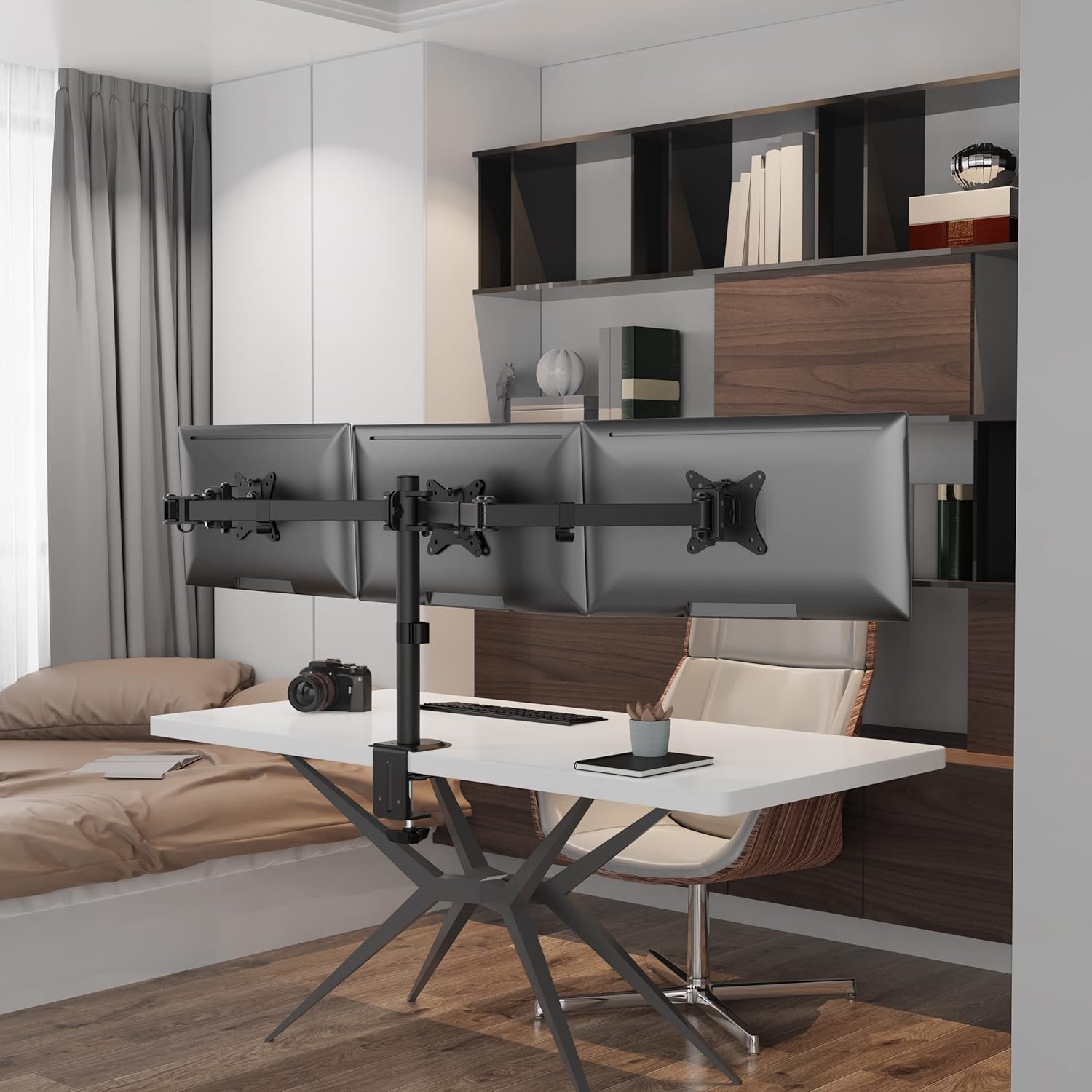 Triple Monitor Desk Mount VESA Stand for 3 Screens, Fits Most 17-24 inch LCD, LED, up to 15.4lbs Weight Cpacity per Screen, Fully Adjustable Tilt, Swivel, Rotation, Two Mounting Options, Black Pack of 2