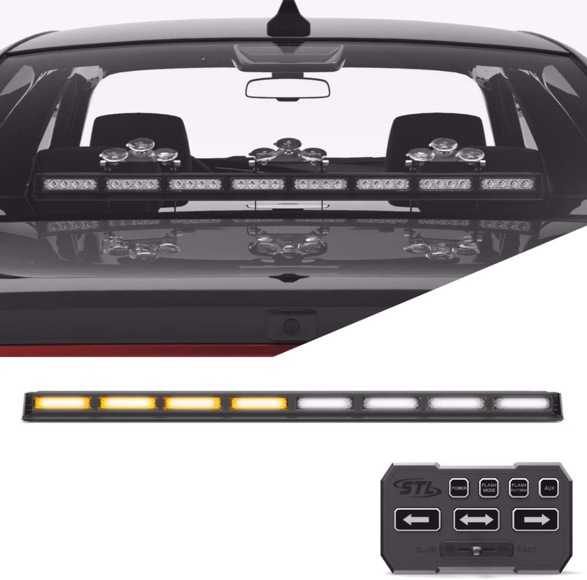 SpeedTech Lights Striker TIR 8 Head LED Traffic Advisor Windshield Mount Strobe Light Bar for Emergency Vehicles/Hazard Warning Directional Flashing w/Cig Plug/Control Box - Amber/Amber