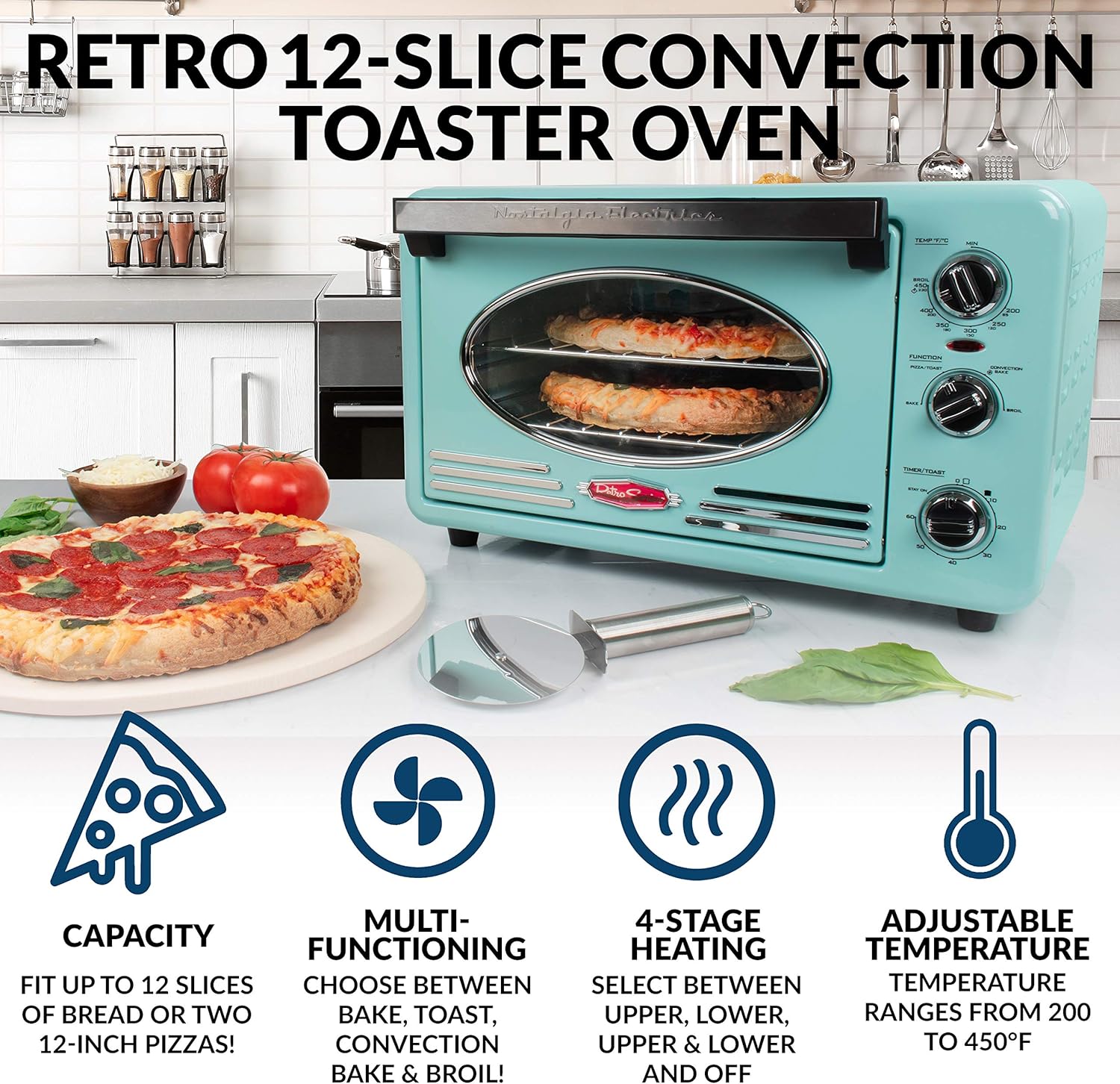 Nostalgia RTOV2AQ Large-Capacity 0.7-Cu. Ft. Capacity Multi-Functioning Retro Convection Toaster Oven, Fits 12 Slices of Bread and 2-12-Inch Pizzas, Built In Timer, Includes Baking Pan, Aqua