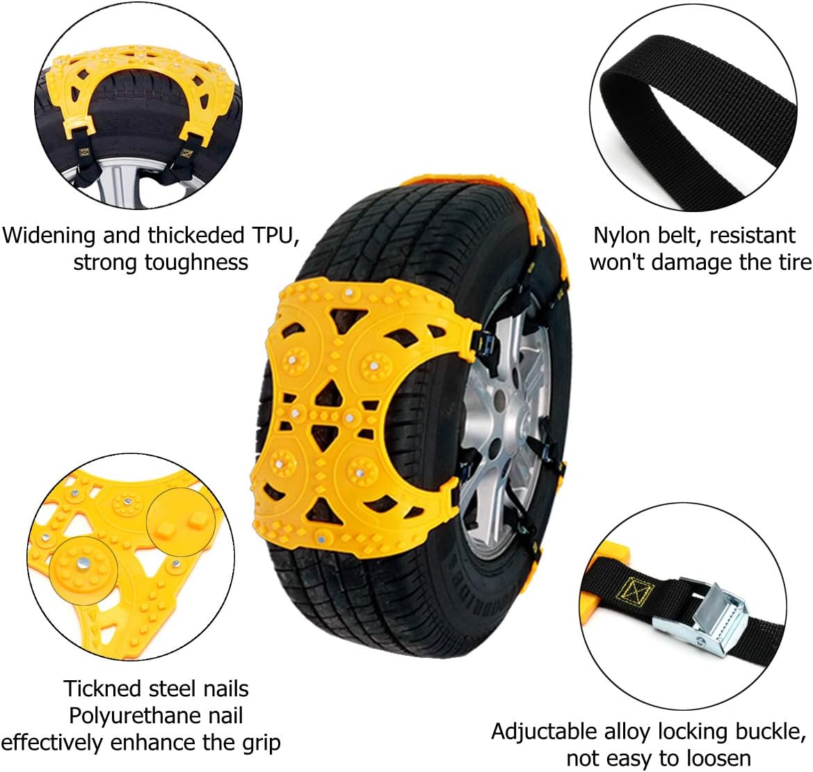 Jeremywell Universal Tire Security Snow Chains - Premium Quality Strong Durable All Season Anti-Skid Car, SUV, and Pick Up Patterned Tire Chains for Emergencies and Road Trip Pack of 6 Pack of 2