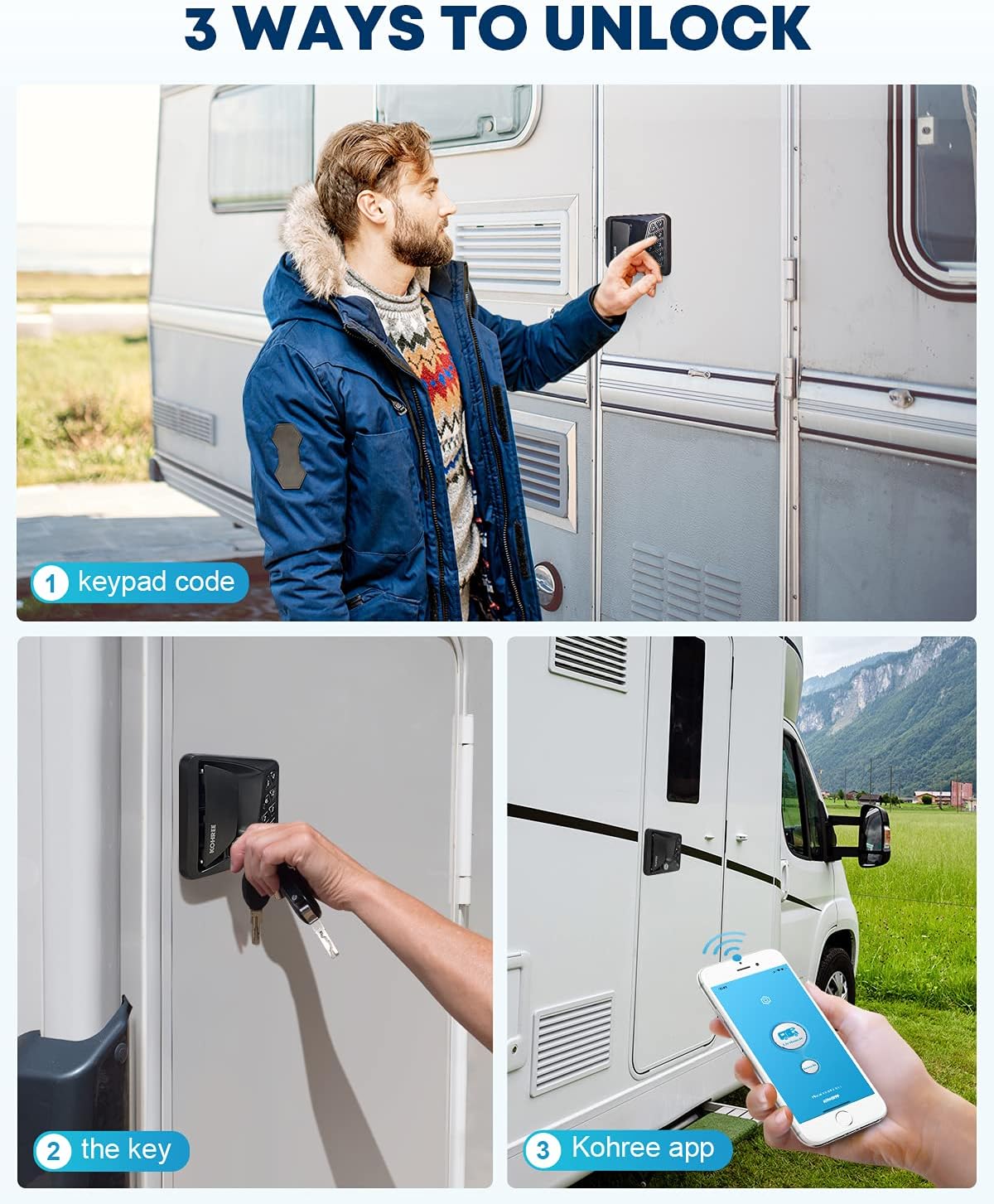 Kohree RV Lock Keyless Entry Backlit Keypad, Waterproof Control Door Lock Latch Handle with Knob Deadbolt, via Phone App/Remote Key/Password, for Travel Trailer Camper