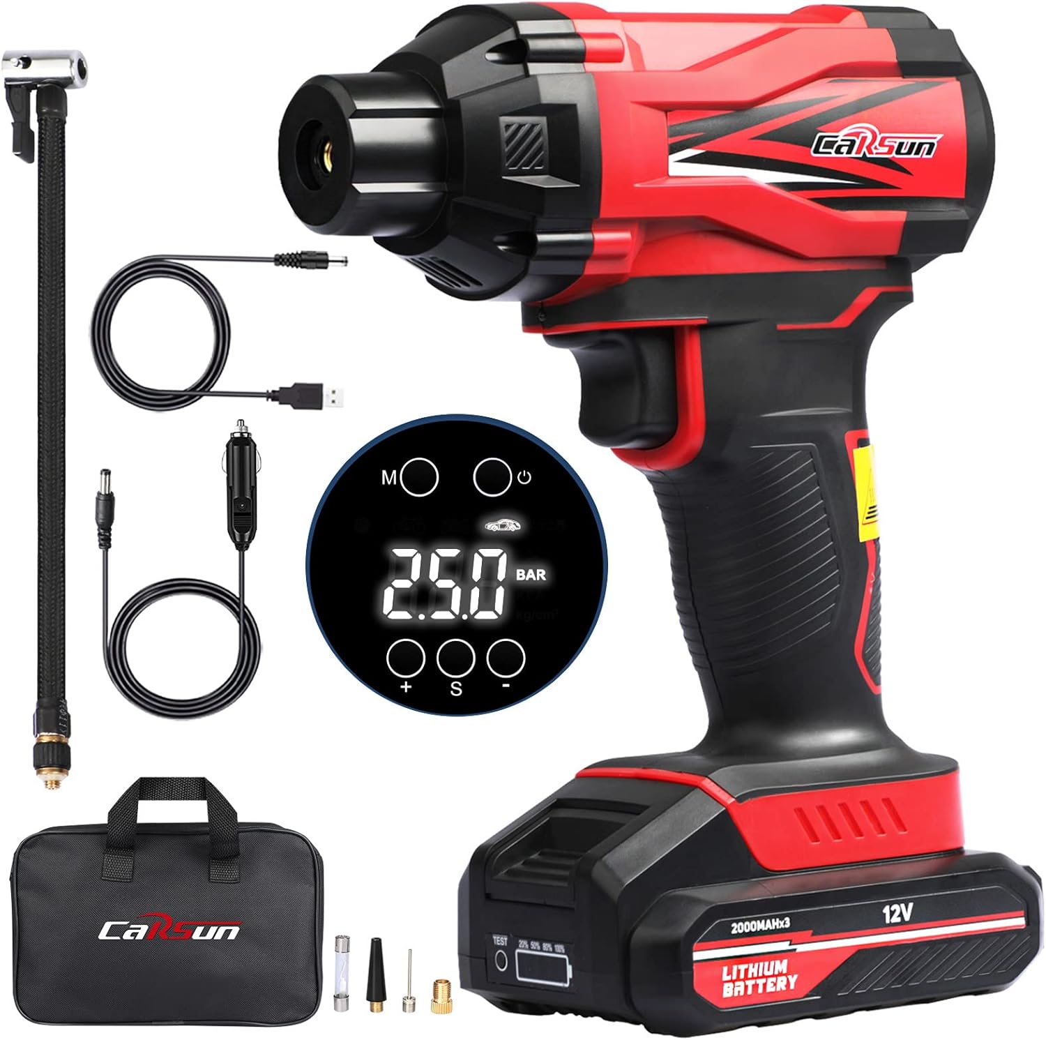 Acarfunny Portable Cordless Air Compressor,12V Rechargeable Battery Powered Handheld Air Pump Cordless Tire Inflator,Car Power Adapter,Digital Pressure Gauge Pack of 2