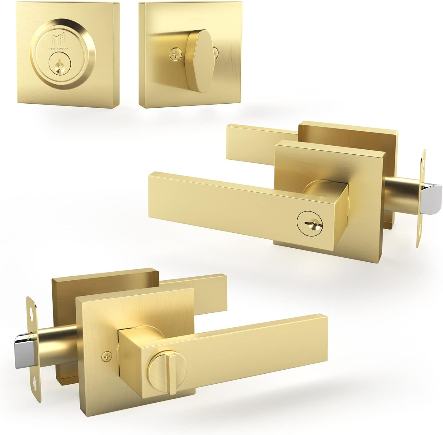 Entry Lever Door Handle and Single Cylinder Deadbolt Lock and Key Combo Pack - Heavy Duty Square Locking Lever Set for Left or Right-Handed Doors - Interior/Exterior Door Levers in Satin Brass Finish Pack of 2