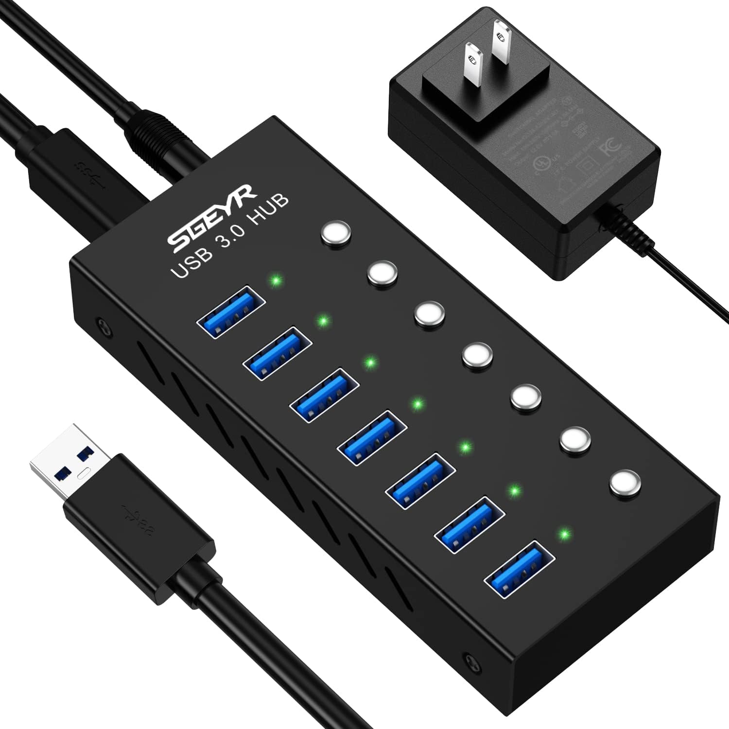 SGEYR Powered USB Hub, Aluminum USB 3.0 Data Hub Splitter 7 Ports with USB Charging Ports and Individual On/Off Switches with 12/2A(24W) Power Adapter for Laptop,HD Webcam ,Printer HDD and Disk Pack of 2