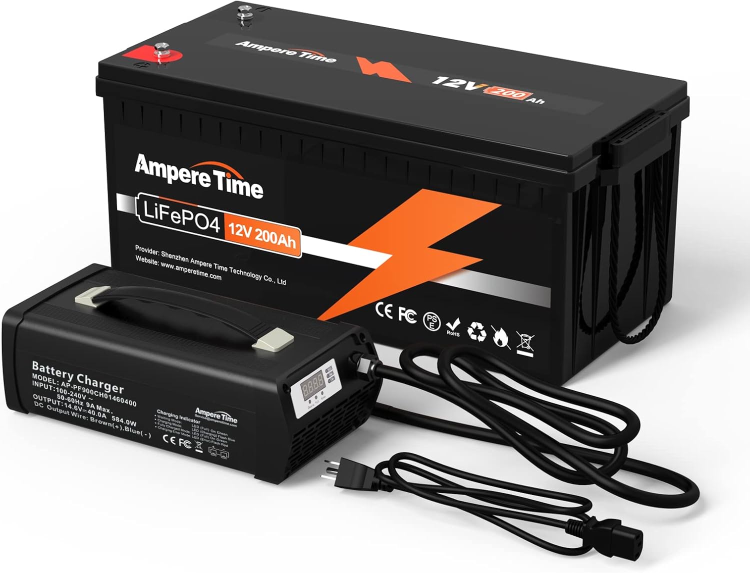 Ampere Time 12V 200Ah LiFePO4 Battery, Built-in 100A BMS, Optimal Product Mix with 14.6V 40A LiFePO4 Battery Charger, 0.2C Charging Rate, Perfect for RVs, Solar, Back-up Power and Off-Grid Application