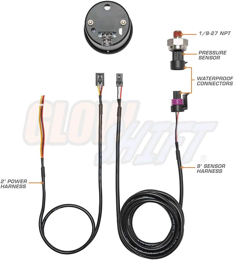 GlowShift 10 Color Digital 1,600 PSI Nitrous Pressure NOS Gauge Kit - Includes Electronic Sensor - Multi-Color LED Display - Tinted Lens - 2-1/16