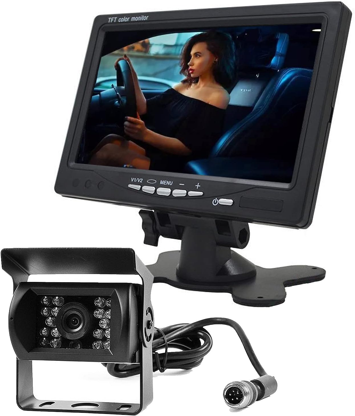 HD 1080P Rear View Camera with Monitor Kit 7 Inch Monitor Reversing Camera Waterproof Night Vision with 15M Cable for Car Truck Van Camper DIY Grid Line