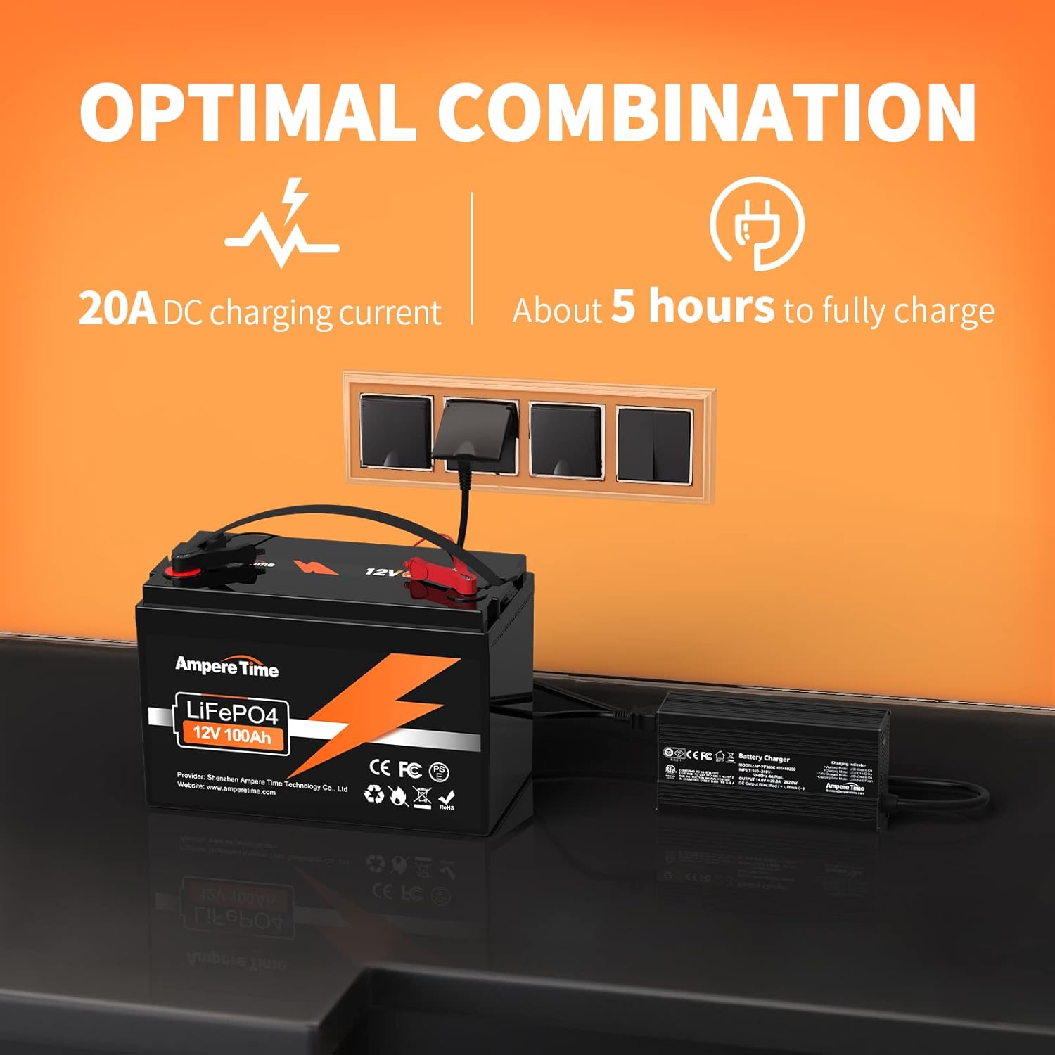 Ampere Time 12V 100Ah LiFePO4 Battery with 14.6V 20A Dedicated Lithium Battery Charger; Built-in 100A BMS, 4000+ Cycles, for RV, Solar, Marine, Overland, Off-Grid Application