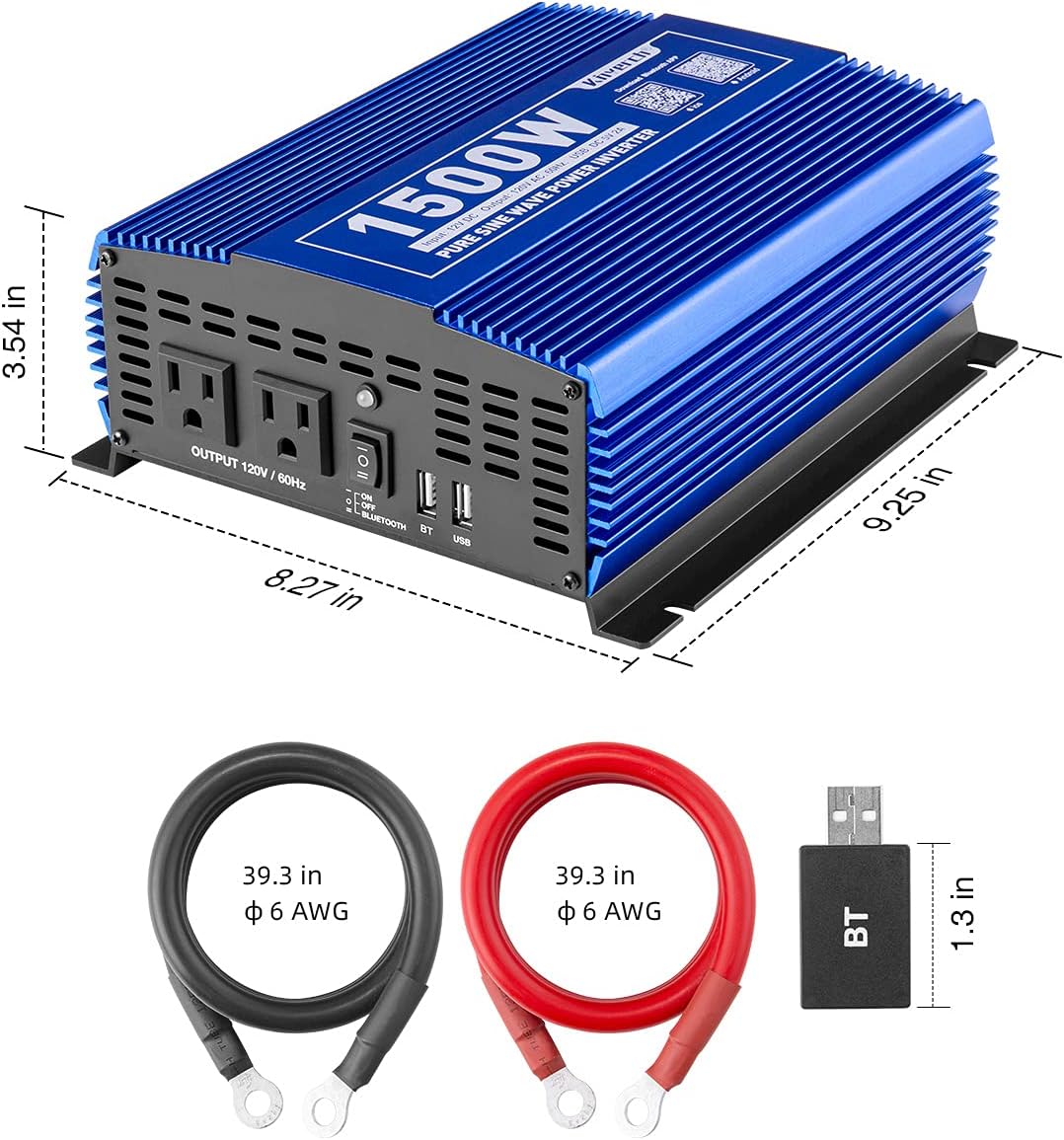 Kinverch 1500W Pure Sine Wave Power Inverter 12V DC to 110V AC Car Inverter with Bluetooth and 2AC Outlets &USB Port for Truck /RV /Home