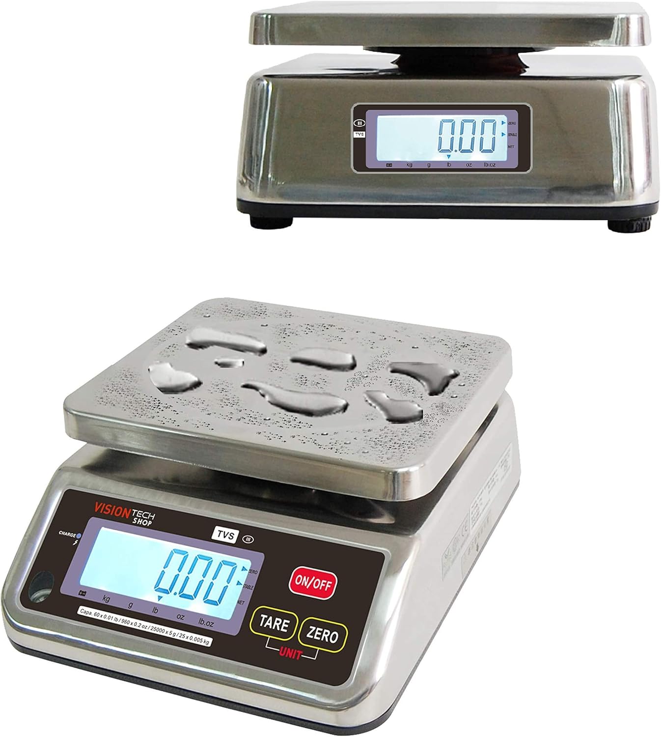 VisionTechShop TVS Portion control Stainless steel Washdown Scale, Lb/Oz/Kg/g Switchable, Low Profile Design, 60lb Capacity, 0.01lb Readability, Dual Display, NTEP Legal for Trade Coc #19-058