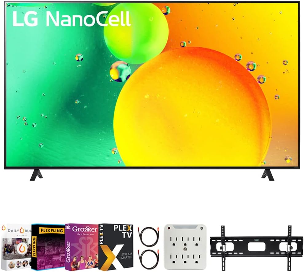 LG 55NANO75UQA 55 Inch HDR 4K UHD Smart NanoCell LED TV 2022 Bundle with Premiere Movies Streaming 2020 + 37-100 Inch TV Wall Mount + 6-Outlet Surge Adapter + 2X 6FT 4K HDMI 2.0 Cable