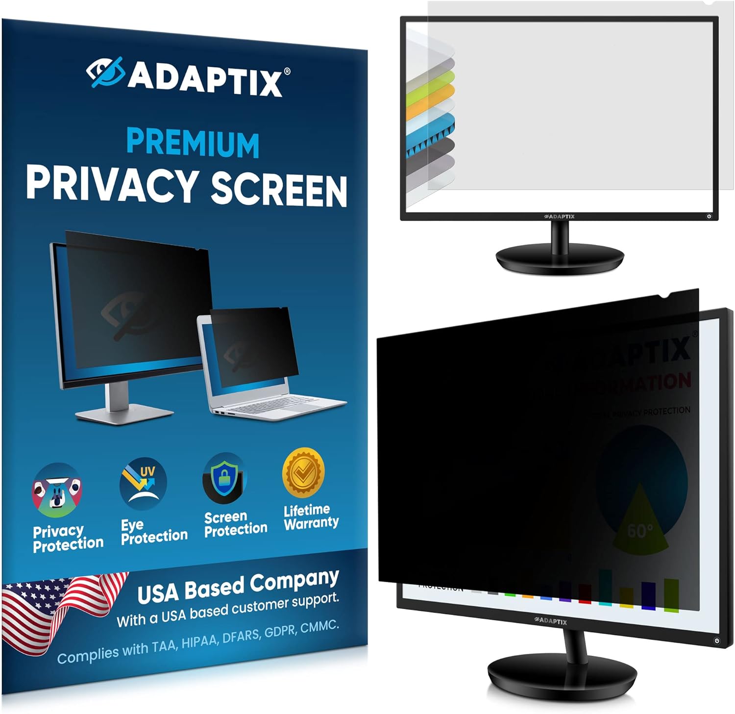 Adaptix Monitor Privacy Screen 27” – Info Protection for Desktop Computer Security – Anti-Glare, Anti-Scratch, Blocks 96% UV – Matte or Gloss Finish Privacy Filter Protector – 16:9 (APF27.0W9) Pack of 2