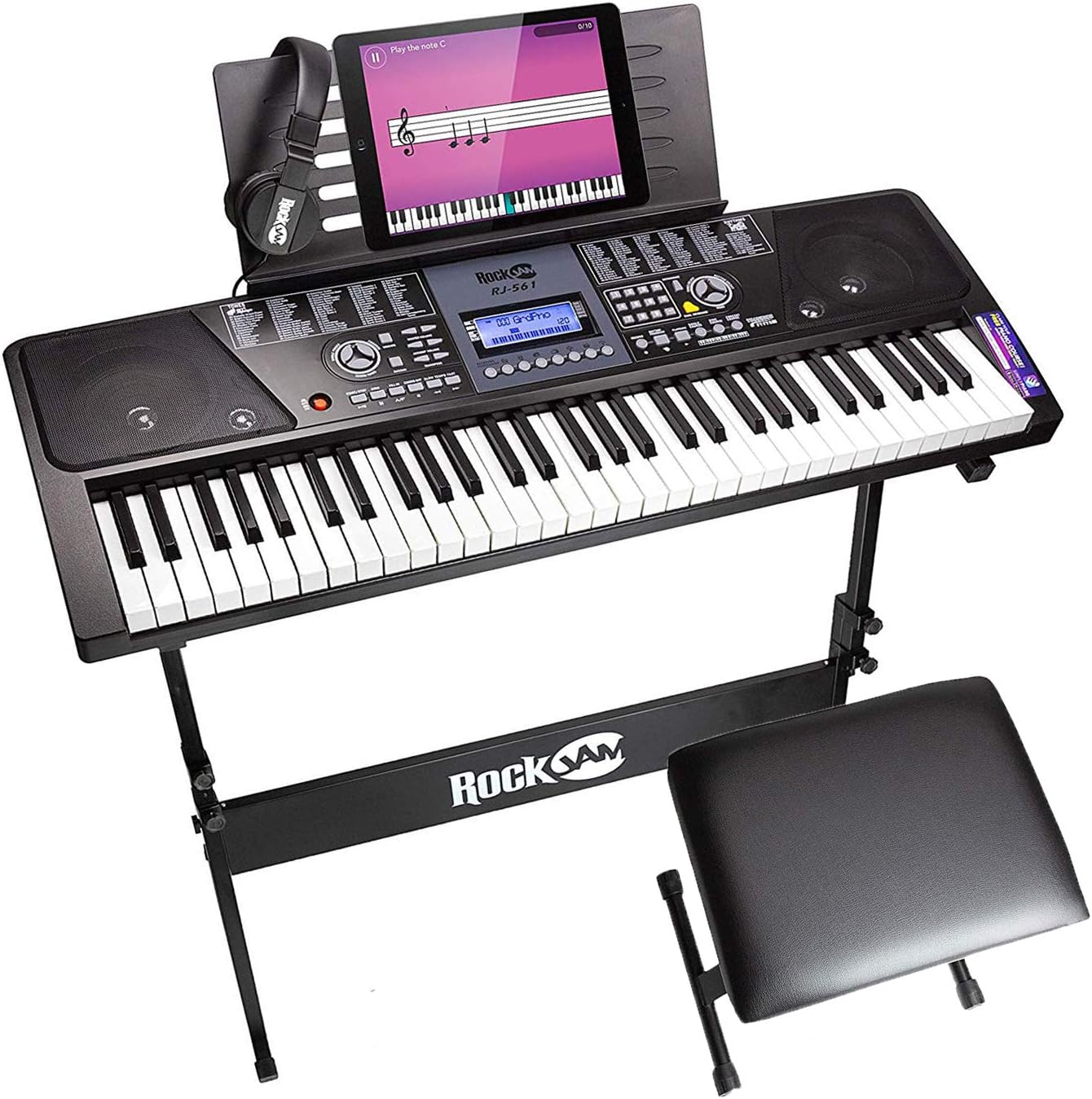 RockJam 61 Key Keyboard Piano With Pitch Bend Kit, Keyboard Stand, Piano Bench, Headphones, Simply Piano App & Keynote Stickers