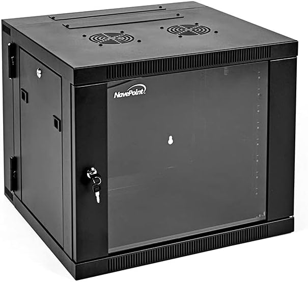 NavePoint 9U Wall-Mount Network Cabinet Enclosure, 450mm Depth, Hinged Back, Swing Gate Server Cabinet, Locks, Pre-Assembled, Reversible Glass Front Door, 2 x L Brackets, 2 Fans, Cable Management