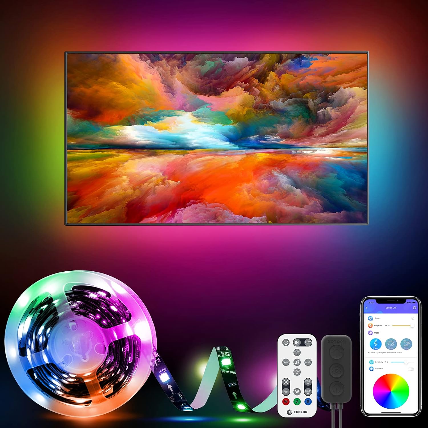 Dreamcolor LED Lights for TV 55-65 Inch, ECOLOR 12.5ft Wi-Fi TV LED Backlight Works with Alexa & Google Assistant, App Control, Music Sync TV Lights Pack of 2