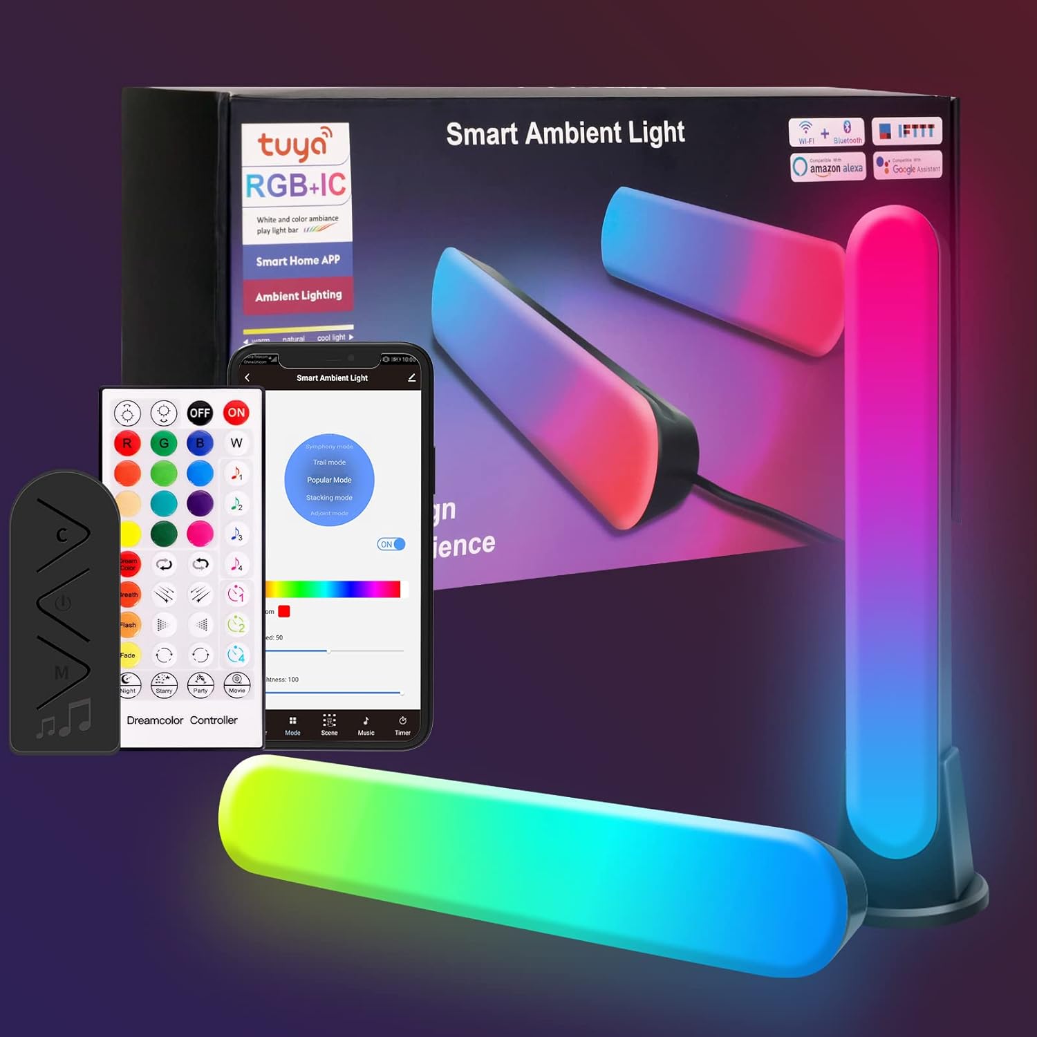 RGB Light Bar, Remote WiFi LED Strip Lights, Gaming Lights That Sync with Music, Smart LED Light Bar for Room Work with Google Play and Alexa, TV Backlight Used in Ambient Lighting, Gaming Room Pack of 2