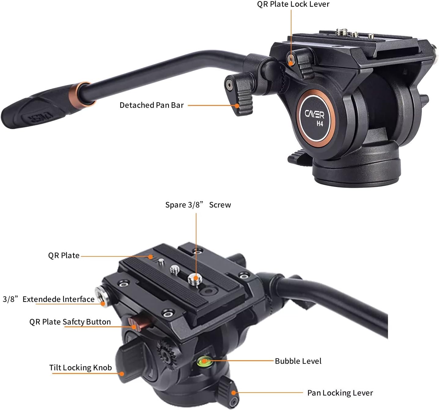 Cayer H4 Video Fluid Head, Camera Tripod Fluid Drag Pan Head with 60 mm Flate Base, 2-Section Pan Bar Handle, 1/4 and 3/8 Screws Sliding Plate for DSLR Cameras Video Camcorders, Max Loading 13.2LB Pack of 2