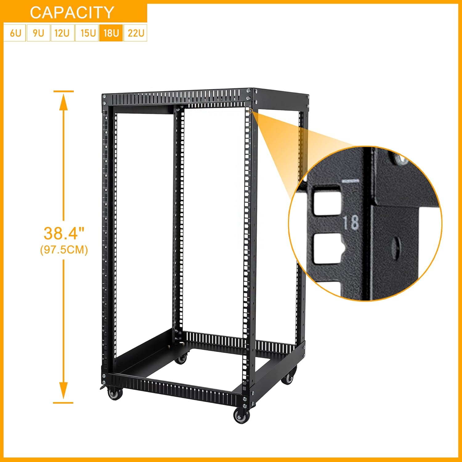 RIVECO 18U Open Frame Server Rack with Brake Casters- Heavy Duty 4 Post Quick Assembly 19-inch Rack Network Durable Black