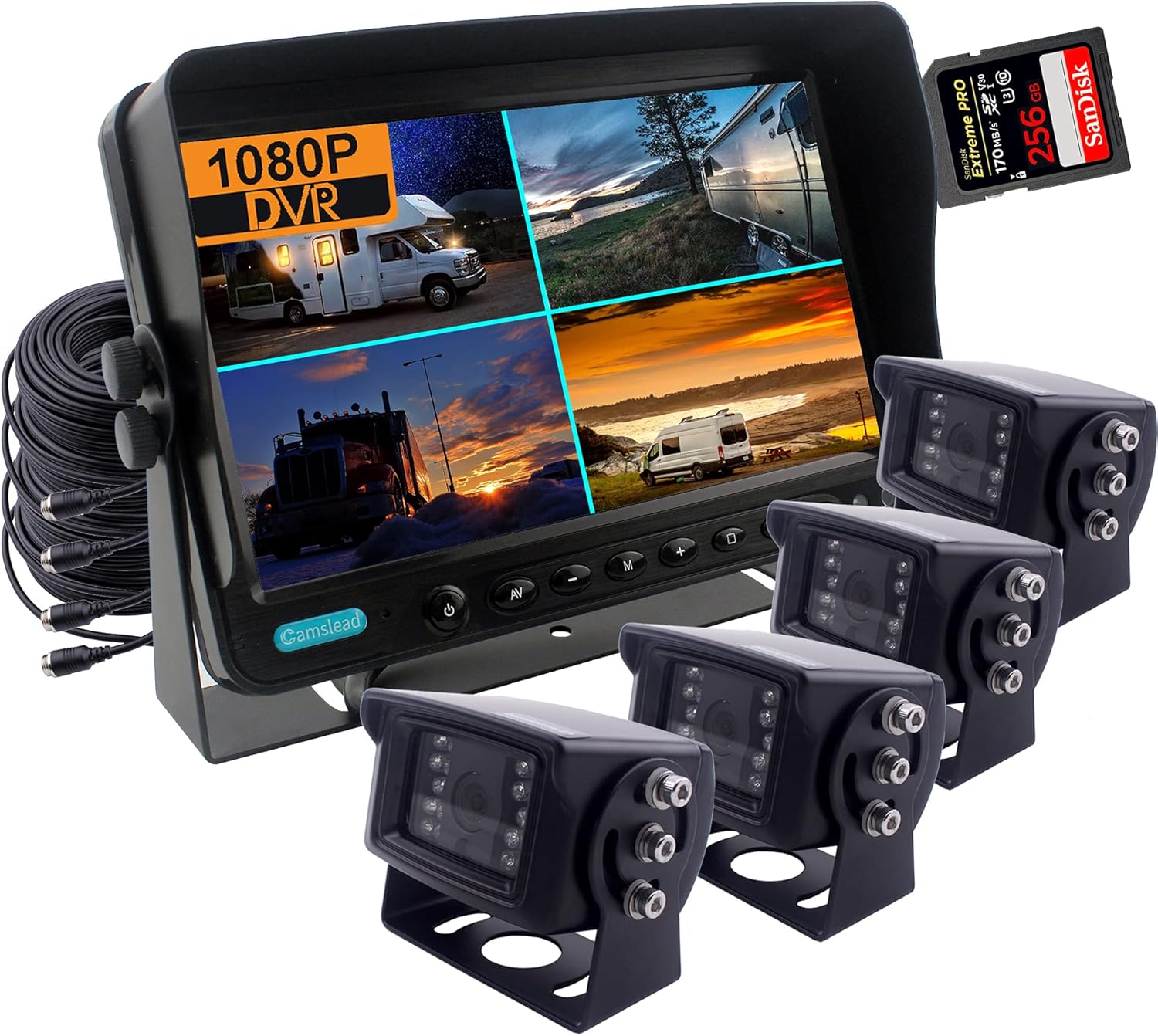 CAMSLEAD 7 inch Monitor 1080P Rear View Camera System with Wired, DVR Recorder, Support 256GB SD Card, 4 Channel Input, Quad Split Screen, 1080P Backup Camera for Truck, Trailer, Motorhome, Caravans
