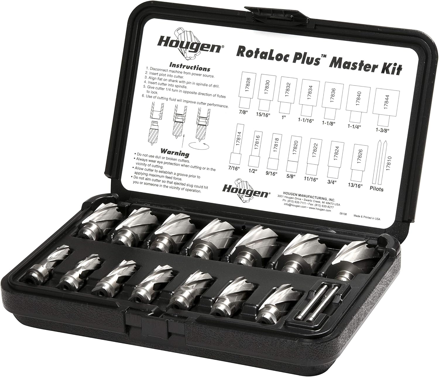 Hougen 17808 RotaLoc Plus Master Kit 7/16, 1/2, 9/16, 5/8, 11/16, 3/4, 13/16, 7/8, 15/16, 1, 1-1/16, 1-1/8, 1-1/4 & 1-3/8