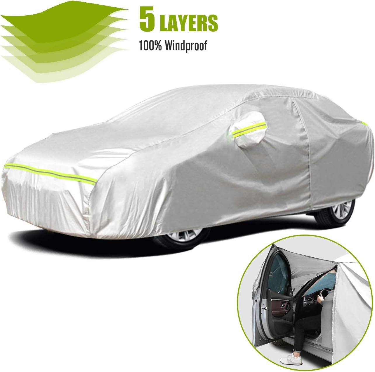 Favoto Car Cover SUV Cover Universal Fit 169 inch to 181 inch 5 Layer Driver Side Zipper Design Sun Protection with Night Reflective Waterproof Windproof Dustproof Snow Leaves Scratch Resistant Pack of 2