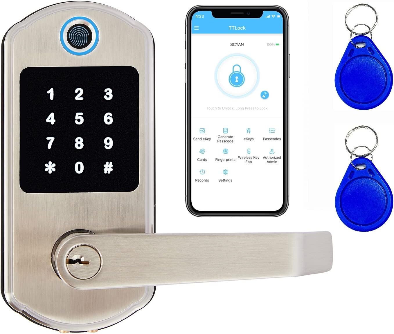 Smart Door Lock, Scyan X10, 5 in 1 Keyless Entry Door Lock, Keypad Door Lock, Fingerprint Door Lock, Biometric Door Lock, Keypad Entry Door Lock, Touchscreen Door Lock, Satin Nickel