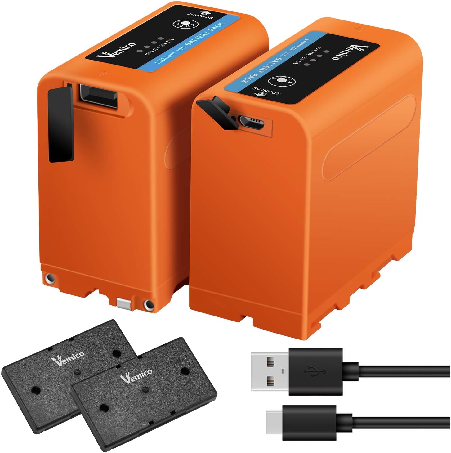 Vemico NP-F970 Battery NP F980/F960/F530/F550/F570/F730/F750/F770/F930/F950 Battery Series 2x7800mAh 4 LED Light Micro USB Cable for HDR-AX2000E/DCR-VX2100E/FDR-AX1E/HXR-NX3 Camera Battery Pack of 2