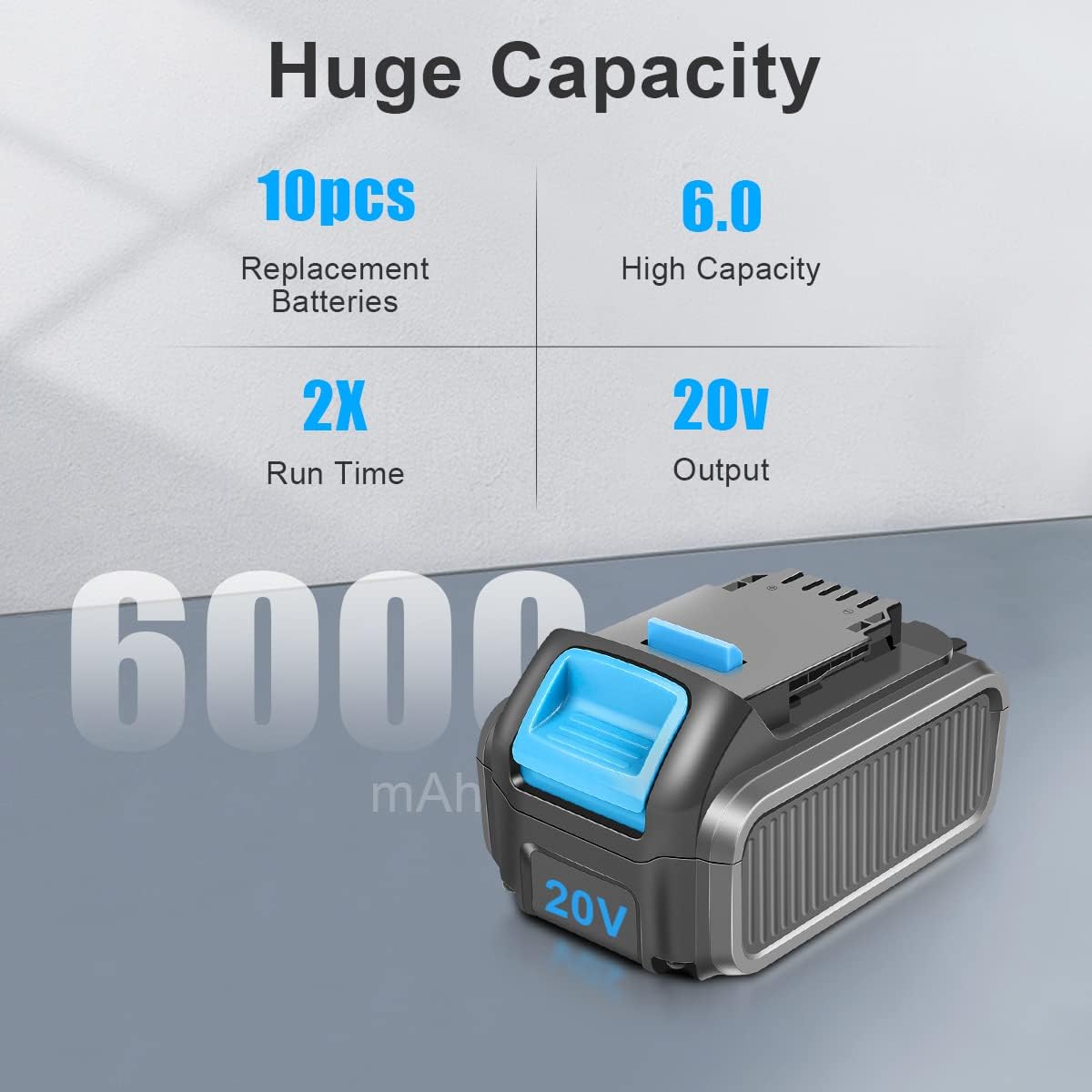 10 Packs 20V 6.0Ah Battery Compatible with Dewalt 20V Battery DCB206-2 DCB205 DCB250-2 DCB204 Replacement for Dewalt Battery MAX DCD/DCF/DCG Series Power Tools with LED Indicator (Grey)