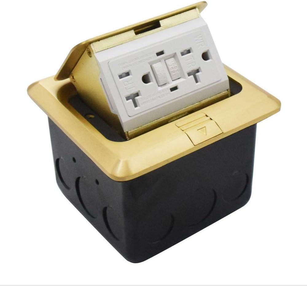 Groto Pop Up Floor Outlet Covers box, slow speed Bouncing Power Box Kit w/20A Duplex Receptacle, GFCI Tamper Aluminum alloy, Watertight Gasket, Corrosive Resistant Hardware, Gold Pack of 2