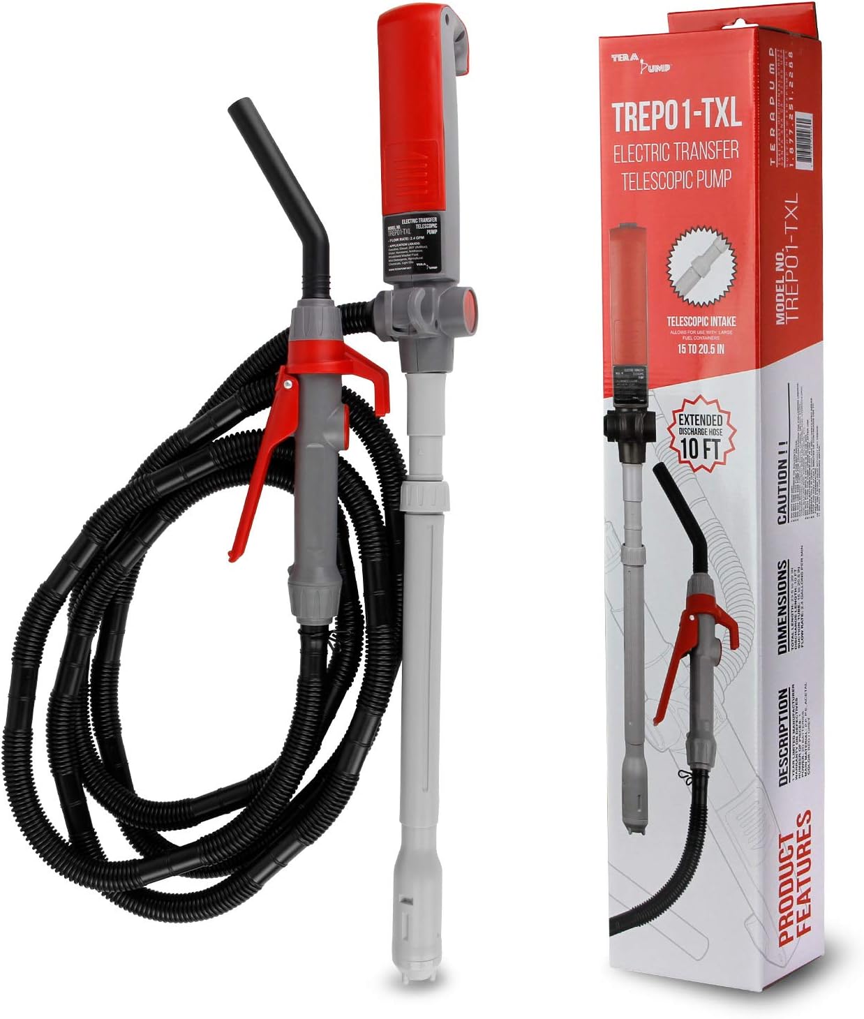 TERA PUMP TREP04 Multi-Purpose Rechargeable Battery Powered Fuel Transfer Pump - 5 FT Hose, Flow Controller, Adjustable Suction Tube - 3.1 Gal per min
