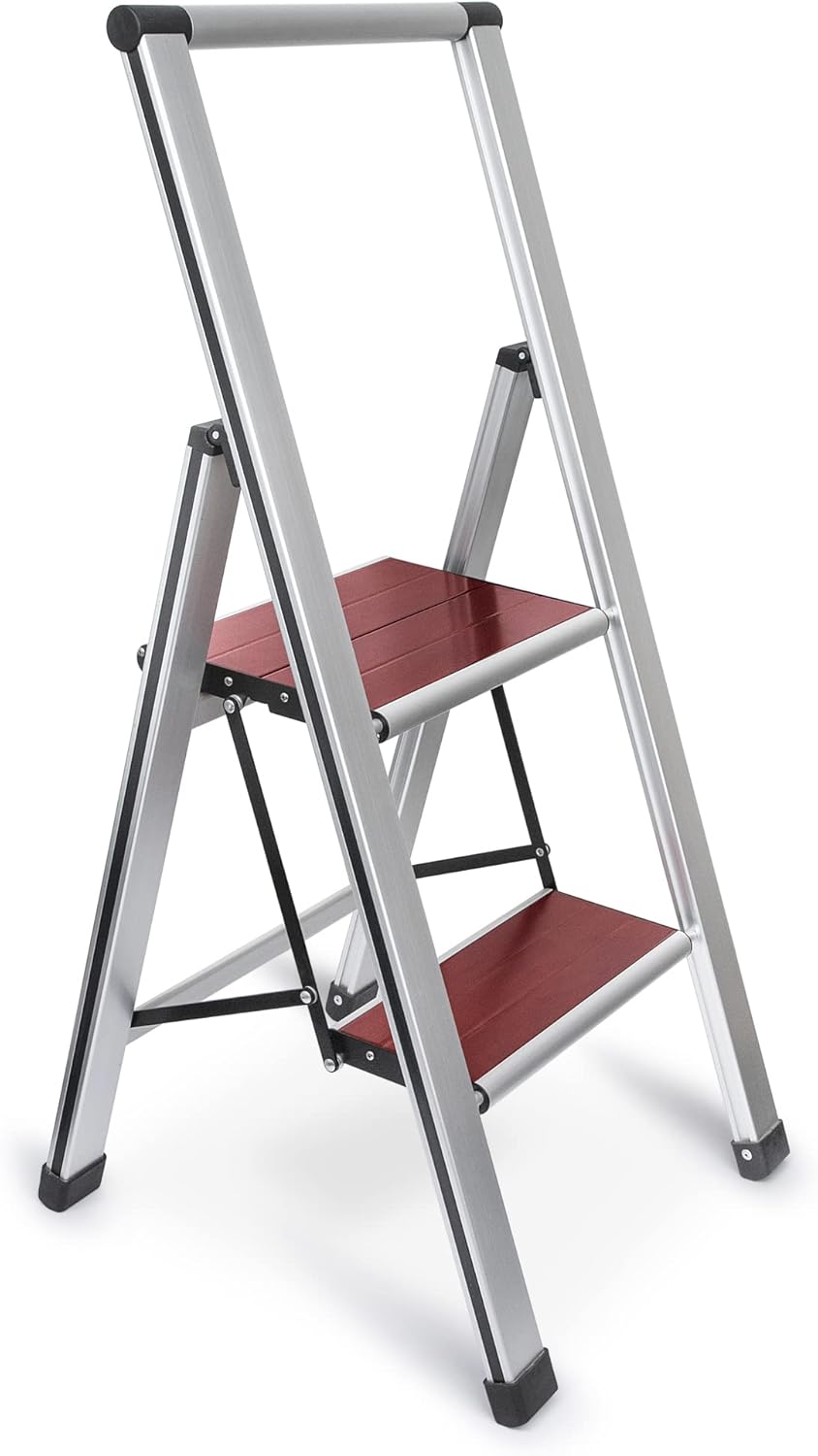 Sorfey Premium 1 Step Ladder Modern Mahogany. Lightweight,-Ultra Slim Profile, Anti Slip Steps, Sturdy-Portable for Home, Office, Kitchen, Photography Use, Black Aluminum Finish Pack of 2