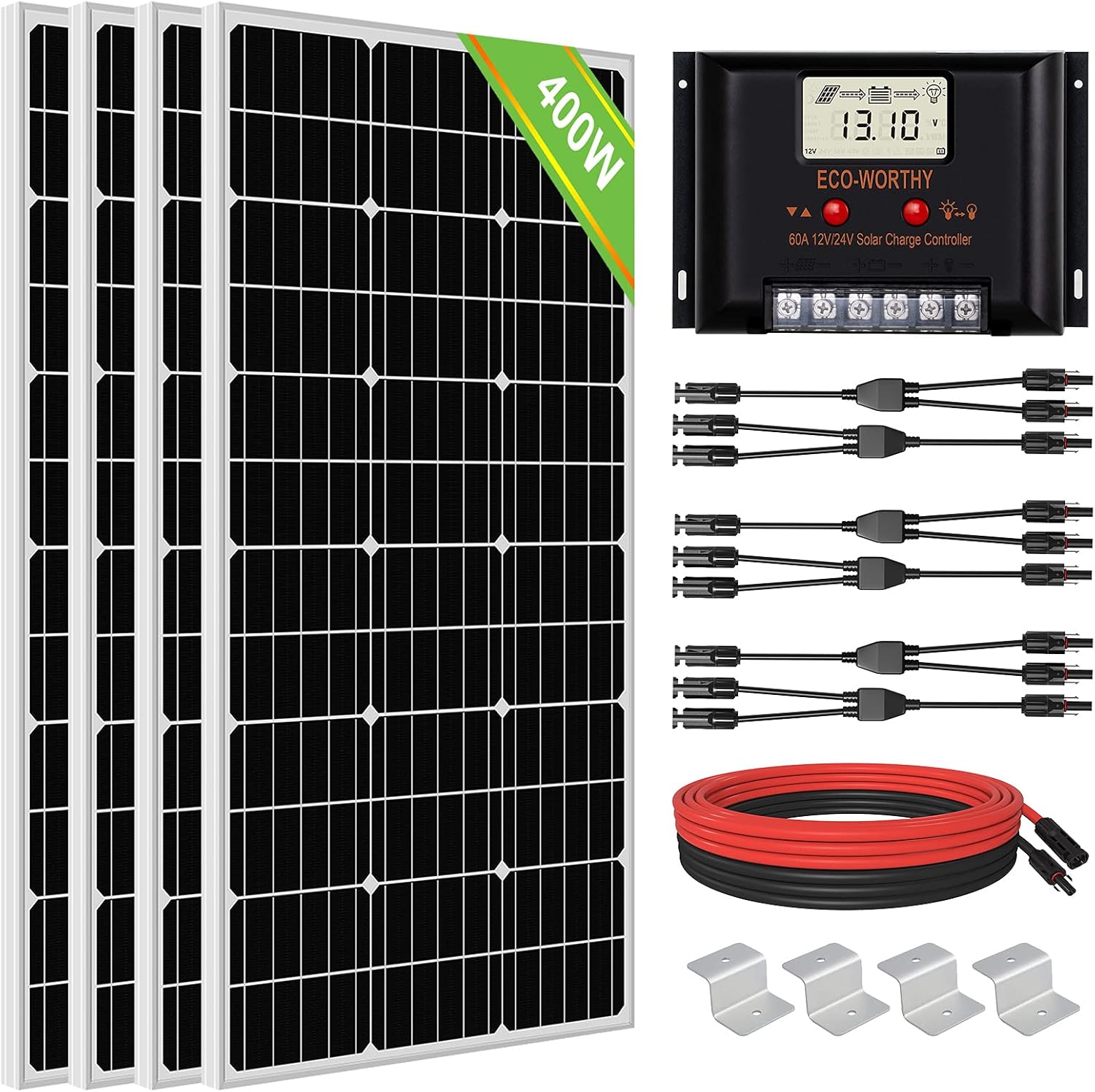 ECO-WORTHY 400 Watt 24 Volt Solar Panel Kit Off Grid with 4pcs 100W Solar Panels + 60A Charge Controller + Accessories Needed for RV, Cabins, Caravan, Shed，etc