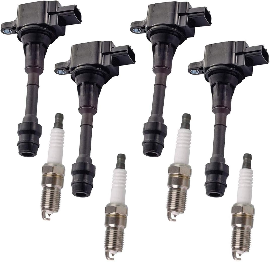 ENA Set of 4 Platinum Spark Plug and 4 Ignition Coil Pack Compatible with Nissan 2002 2003 2004 2005 2006 Sentra Altima 2.5L DOHC Replacement for UF350 Pack of 2