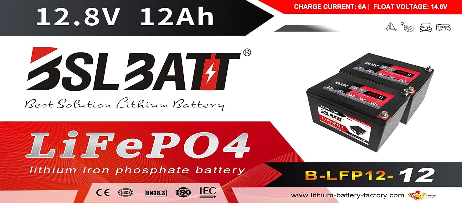 BSL BATT First Charging 12V 12Amps LITHIUM ION PHOSPHATE LiFePO4 Deep Cycle Rechargeable Battery | UP TO 2000 Life Cycles Built-in BMS Perfect for Off-Grid Applications, Black, B-LFP12-12