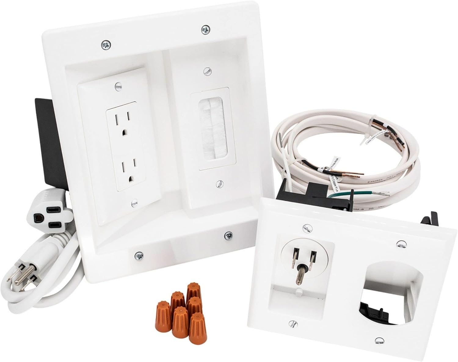 BASEPORT in-Wall Cable Management Kit, 125V Wall Mount TV Power Outlet with Brush Wall Plate, Cable Pass Through Wall Plate with Inlet, Electrical Wire and Power Cord Included Pack of 2