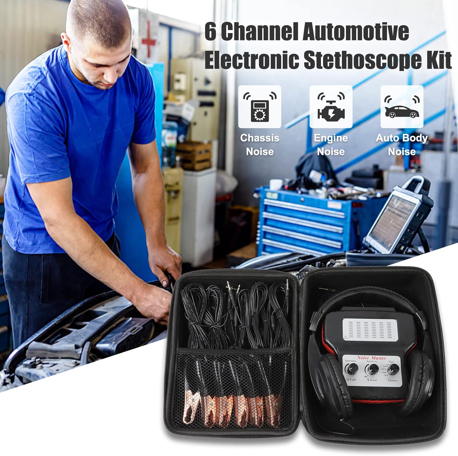 BELEY Chassis Ear Auto Diagnostic Tool 6 Channel Pinpoint Electronic Stethoscope with Headphone,Finding Noise of Car Engine,Chassis,Block etc.