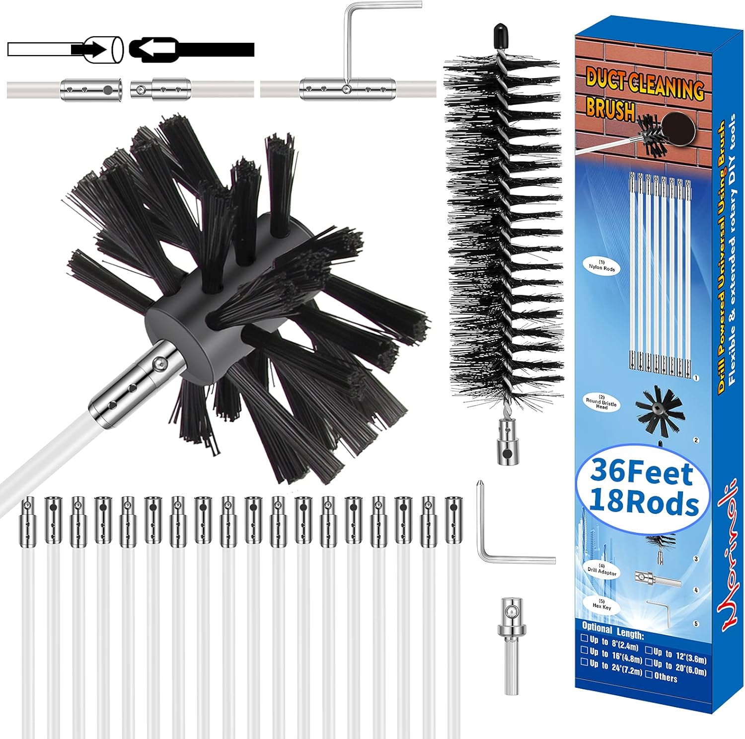 Morinoli 36 Feet Dryer Vent Cleaning Kit, Chrome Button Locking System, Extends Up To 36 Feet, Lint Remove, Dryer Duct Cleaning Kit, Dryer Vent Cleaner Kit with Bonus Drill Attachment, Lint Trap Brush Pack of 2