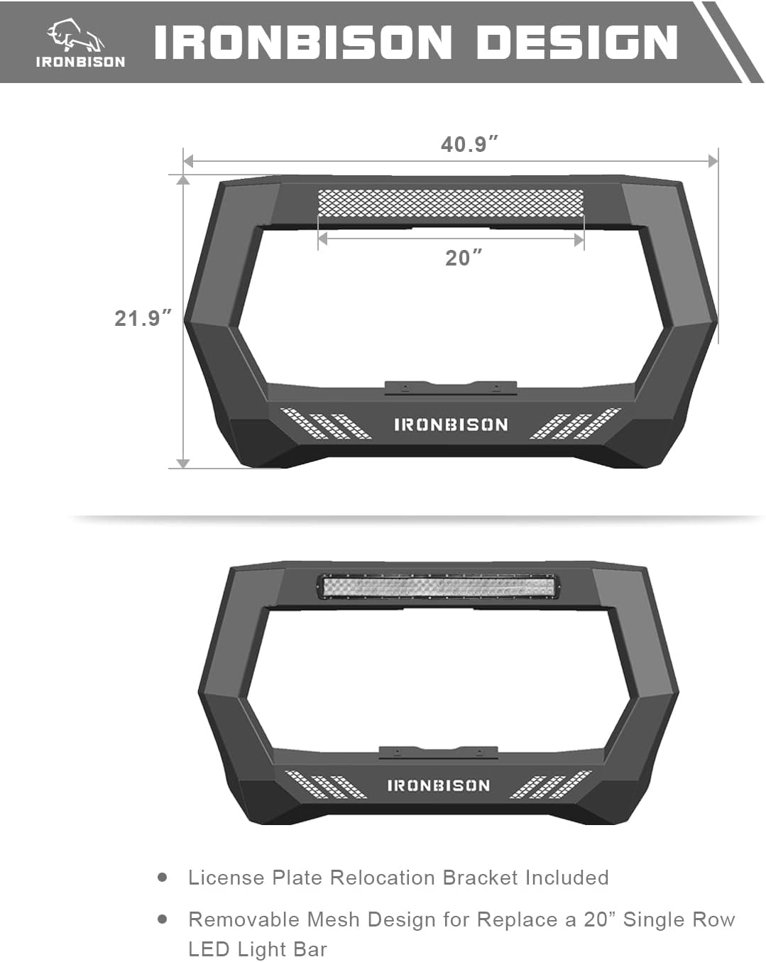 IRONBISON Barde Bull Bar Compatible with 2005-2022 Toyota Tacoma Pickup Truck Fine Textured Black Front Bumper Brush Grille Guard Compatible with 20” LED Light Bar