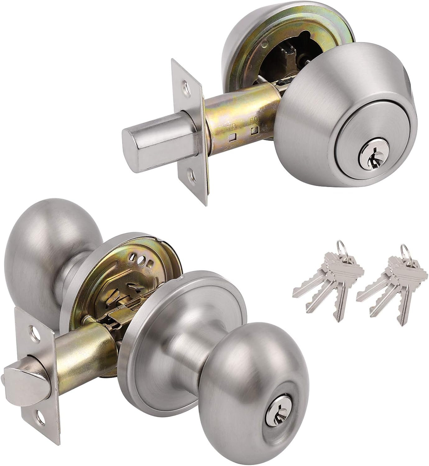 Probrico Front Entry Door Handlesets Satin Nickel Oval Egg Door Knobs with Double Cylinder Deadbolts Combo Keyed Alike for Exterior or Interior Door Hardware Handles 6 Keys Per Lockset 3 Packs