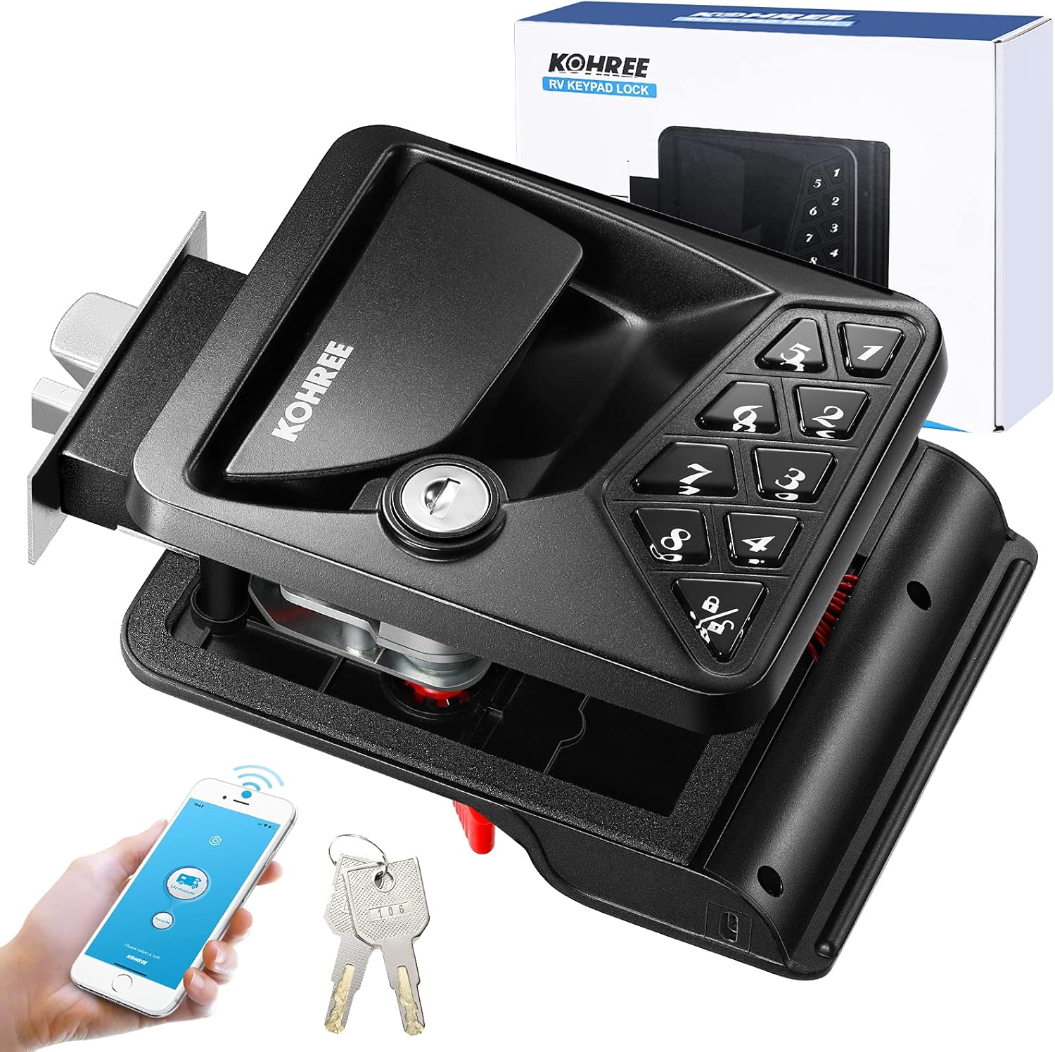 Kohree RV Lock Keyless Entry Backlit Keypad, Waterproof Control Door Lock Latch Handle with Knob Deadbolt, via Phone App/Remote Key/Password, for Travel Trailer Camper