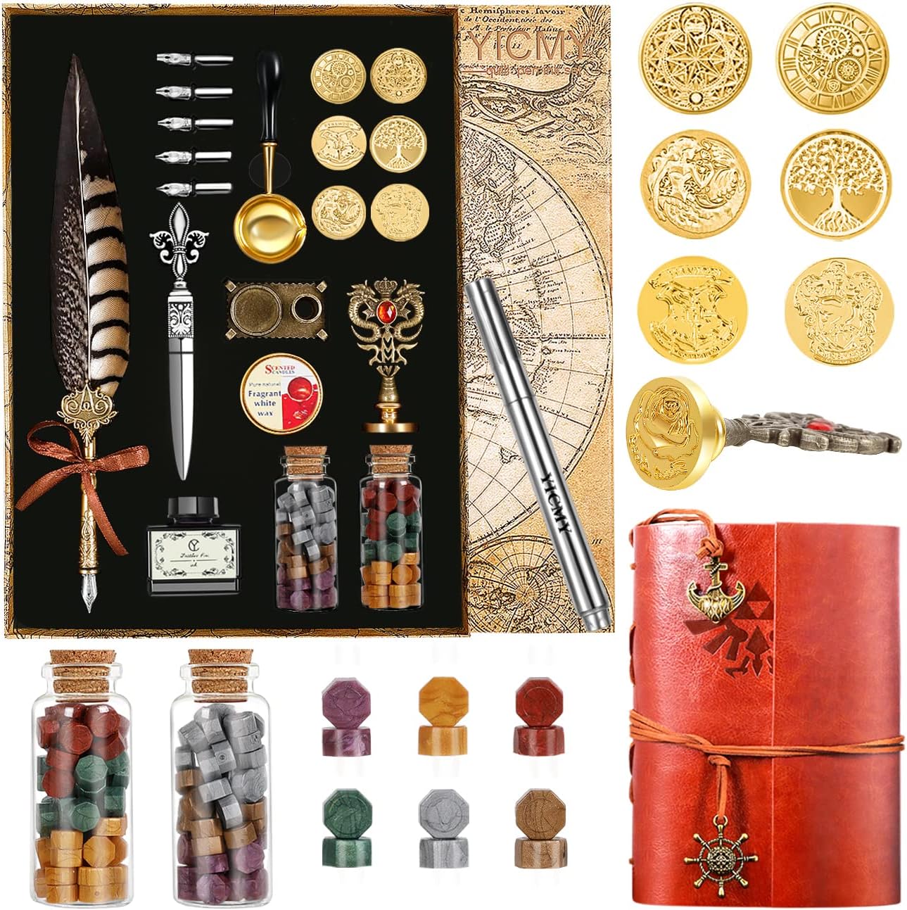 Pheasant Quill Pen and Ink Set Wax Seal Stamp Kit with Classic Leather Journal Notebook Feather dip pen,Calligraphy Pen Set for Beginners,7 Wax Stamp Heads,Wax Seal Kit for Gift and Decoration Pack of 2