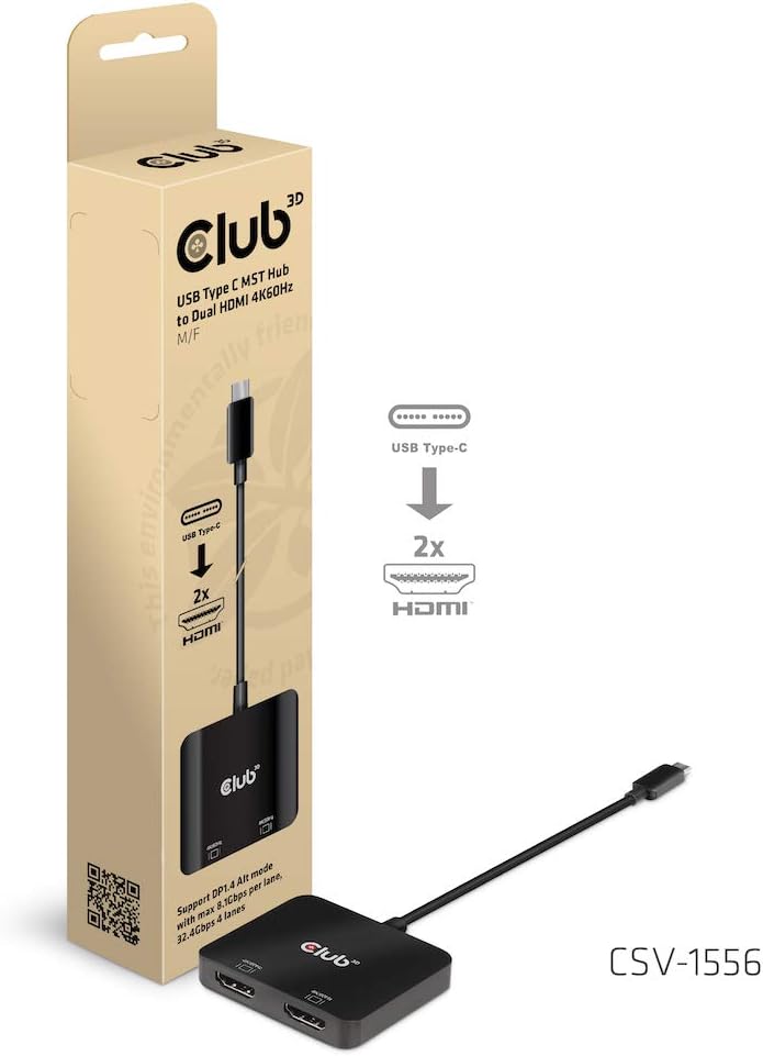 Club 3D 2 Port Multi Monitor Adapter USB Type C to Dual HDMI 4K 60Hz Splitter- USB Type C to HDMI MST hub Dual 4K 60Hz-CSV-1556 Pack of 2