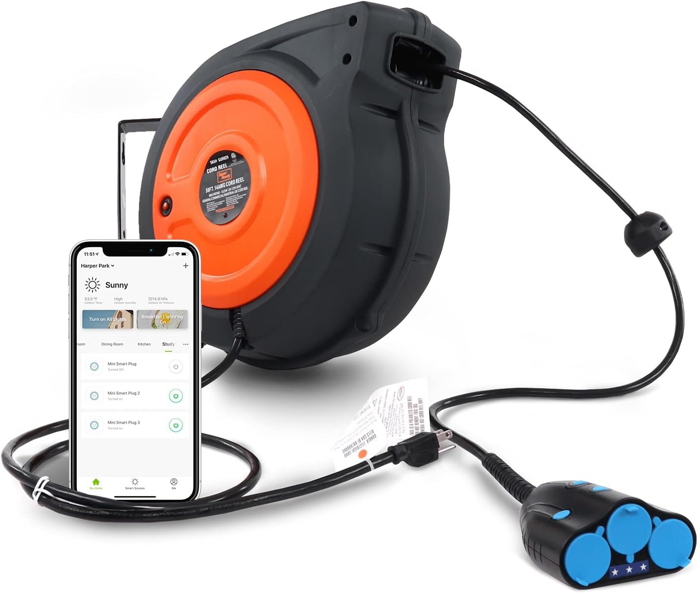 SuperHandy Cord Reel, Retractable, (14AWG x 50' Ft) 3 Outlet - Works with Alexa Built-in Smart Plugs, IP64 Waterproof, 13A 1625W, Slow & Safe Retraction