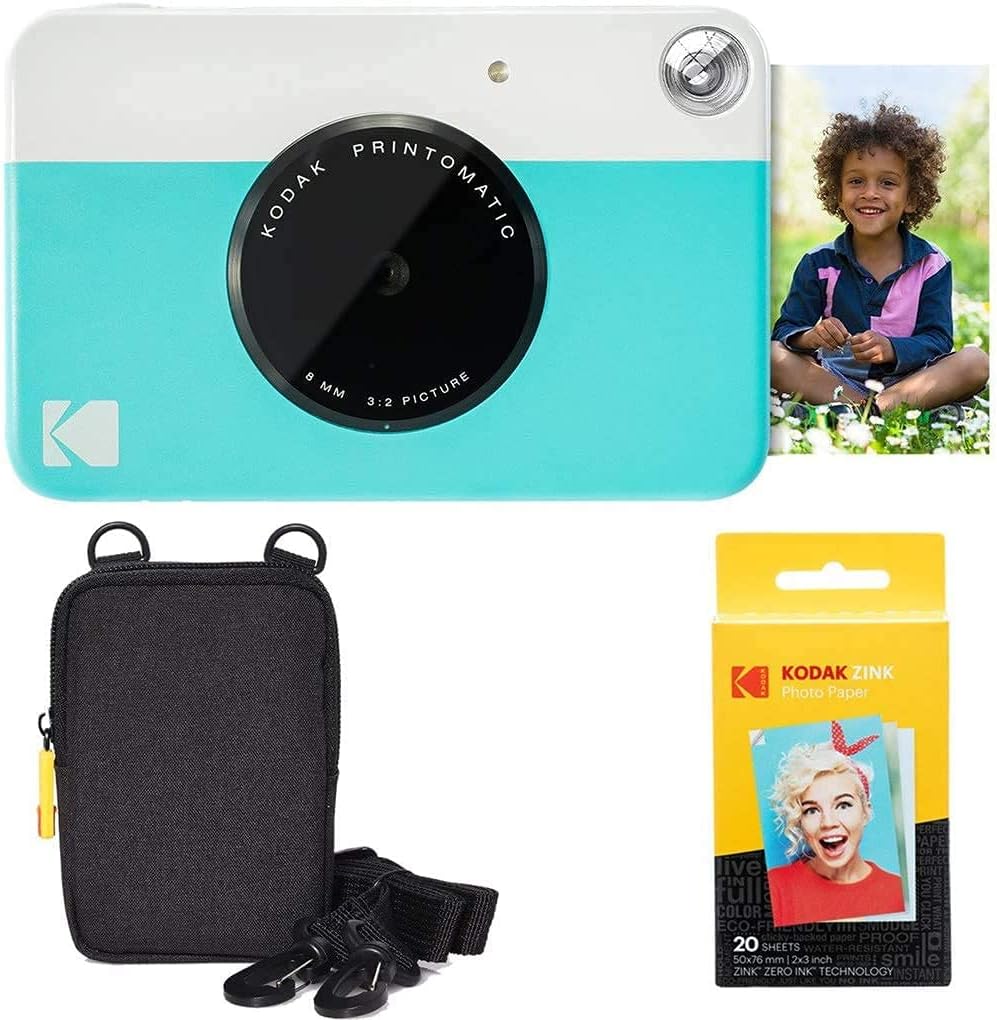 Kodak Printomatic Instant Camera (Green) Basic Bundle + Zink Paper (20 Sheets) + Deluxe Case Pack of 2
