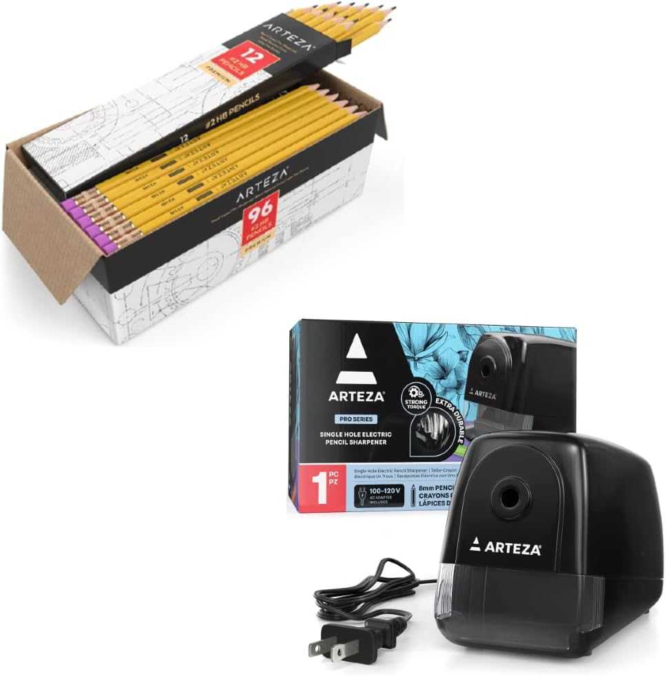 Arteza School Pencils HB #2, Pack of 96 and Automatic Electric Pencil Sharpener, Black, Quiet Pencil Sharpener for 8-mm Pencils, Office Supplies for Teachers, Students, and Classrooms, Art Studios Pack of 2