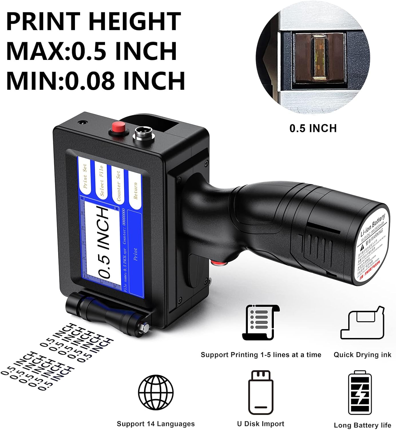 Handheld Printer Portable 1580P1 with 3.7 Inch Touch Screen Quick-Drying Handheld Inkjet Printer Printing Height 0.08-0.5